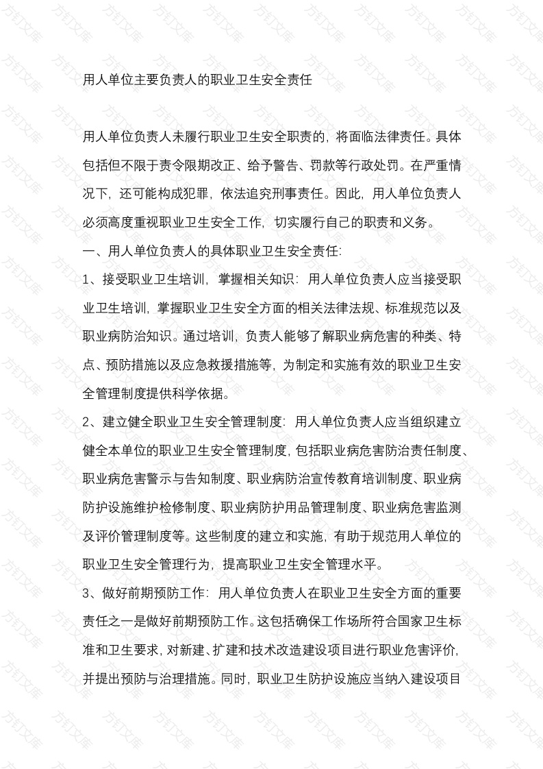 用人单位主要负责人的职业卫生安全责任封面图 - 工程文档文档