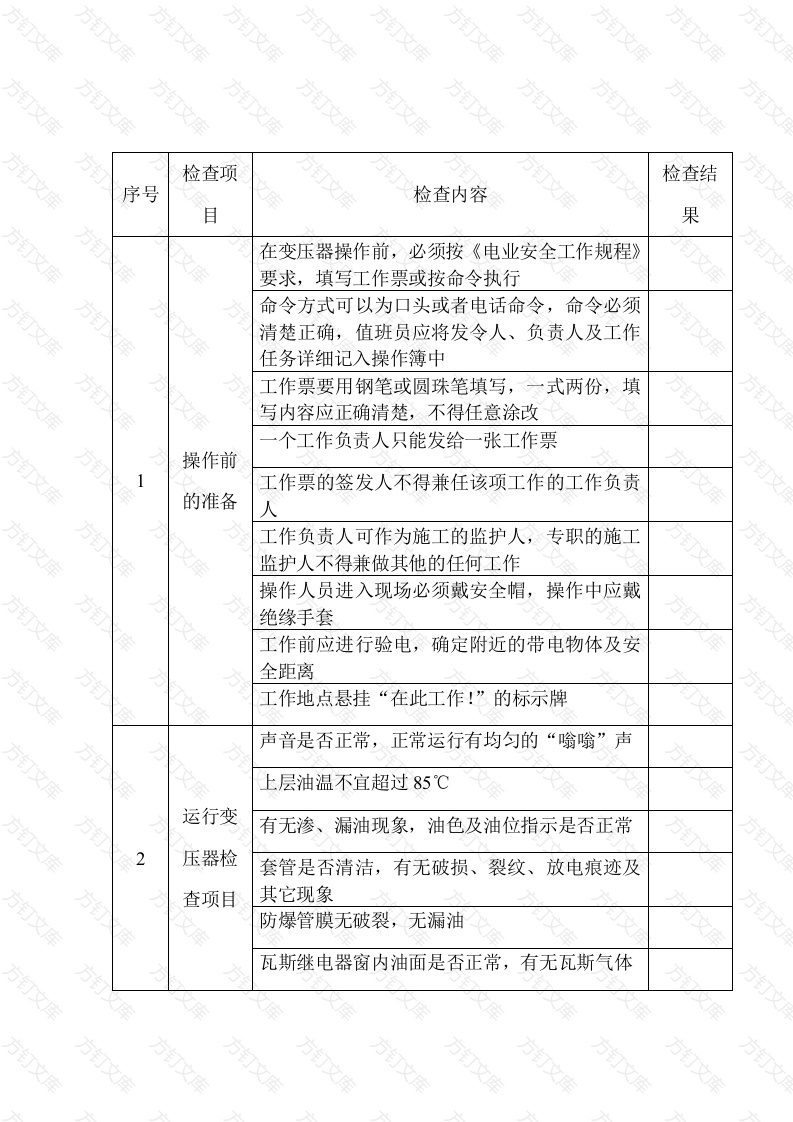 某公司电力变压器安全操作检查表封面图 - 工程文档文档