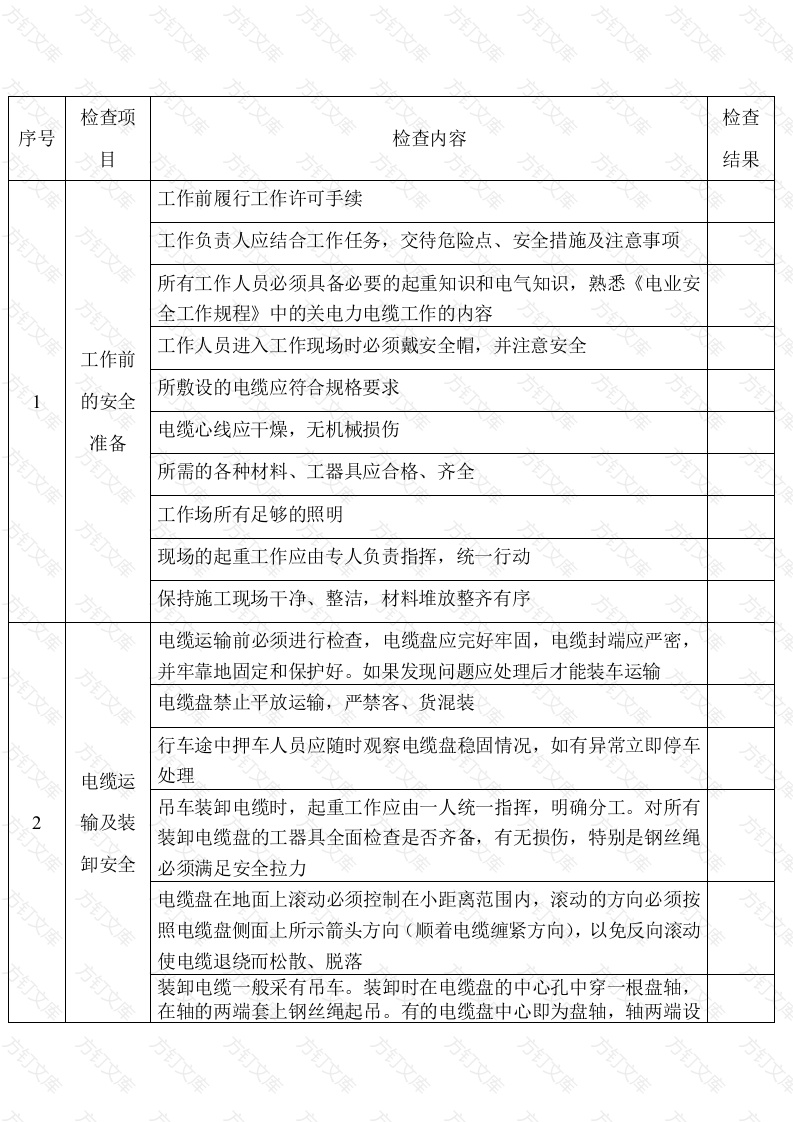 电力电缆敷设作业安全检查表封面图 - 工程文档文档