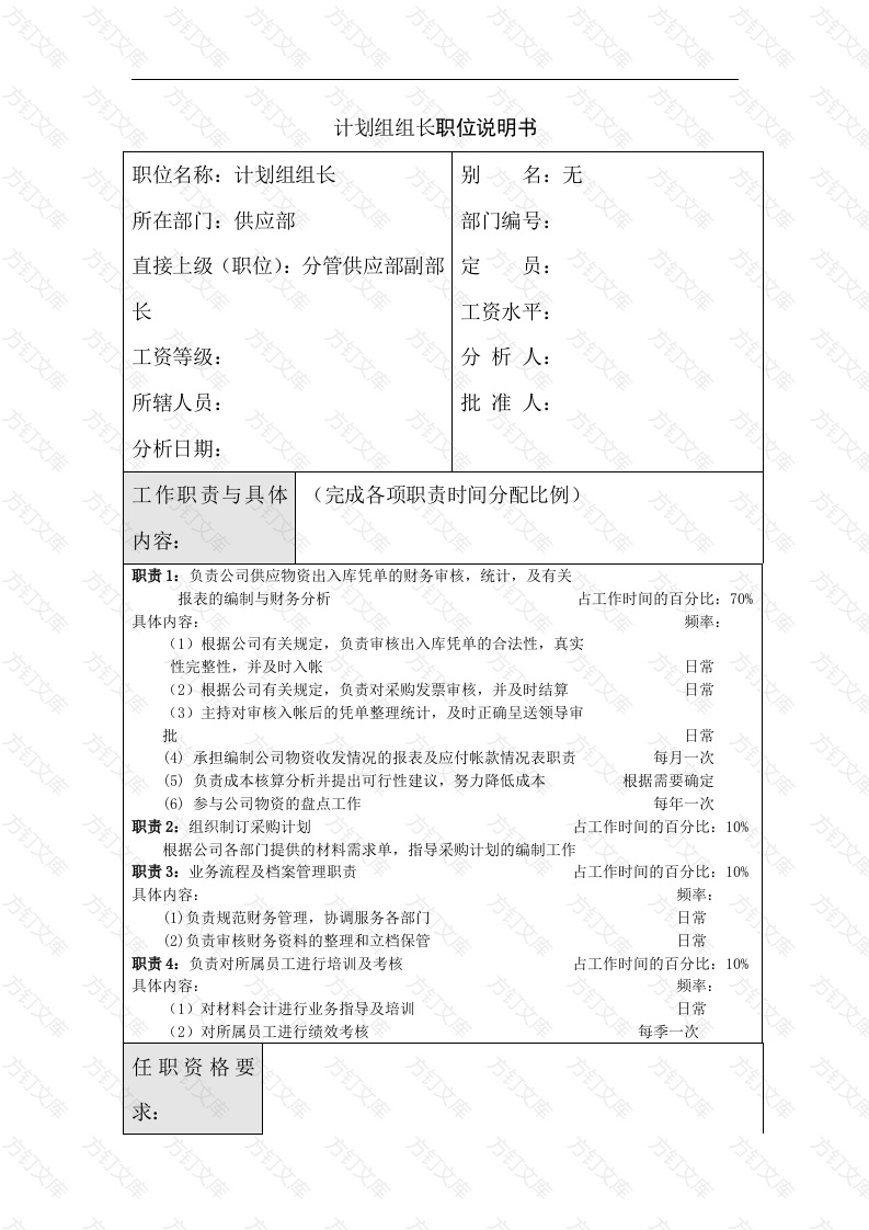 某公司计划组组长职位说明书封面图 - 工程文档文档