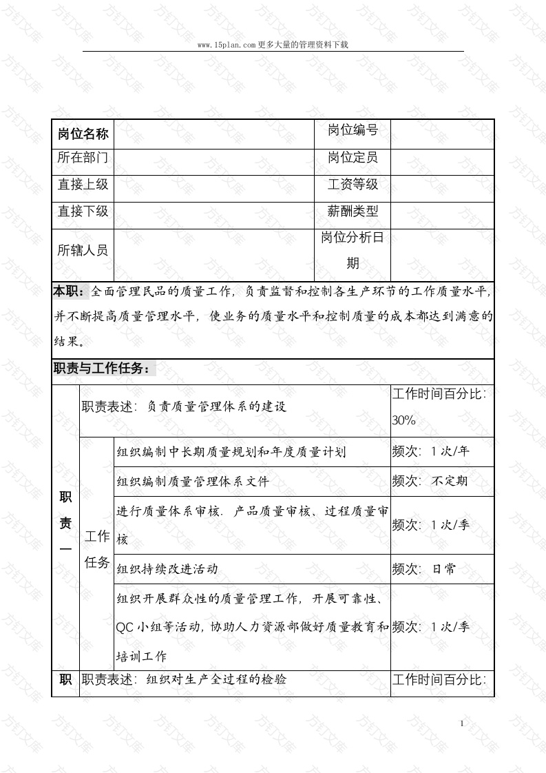 质量部部长职务说明书封面图 - 工程文档文档