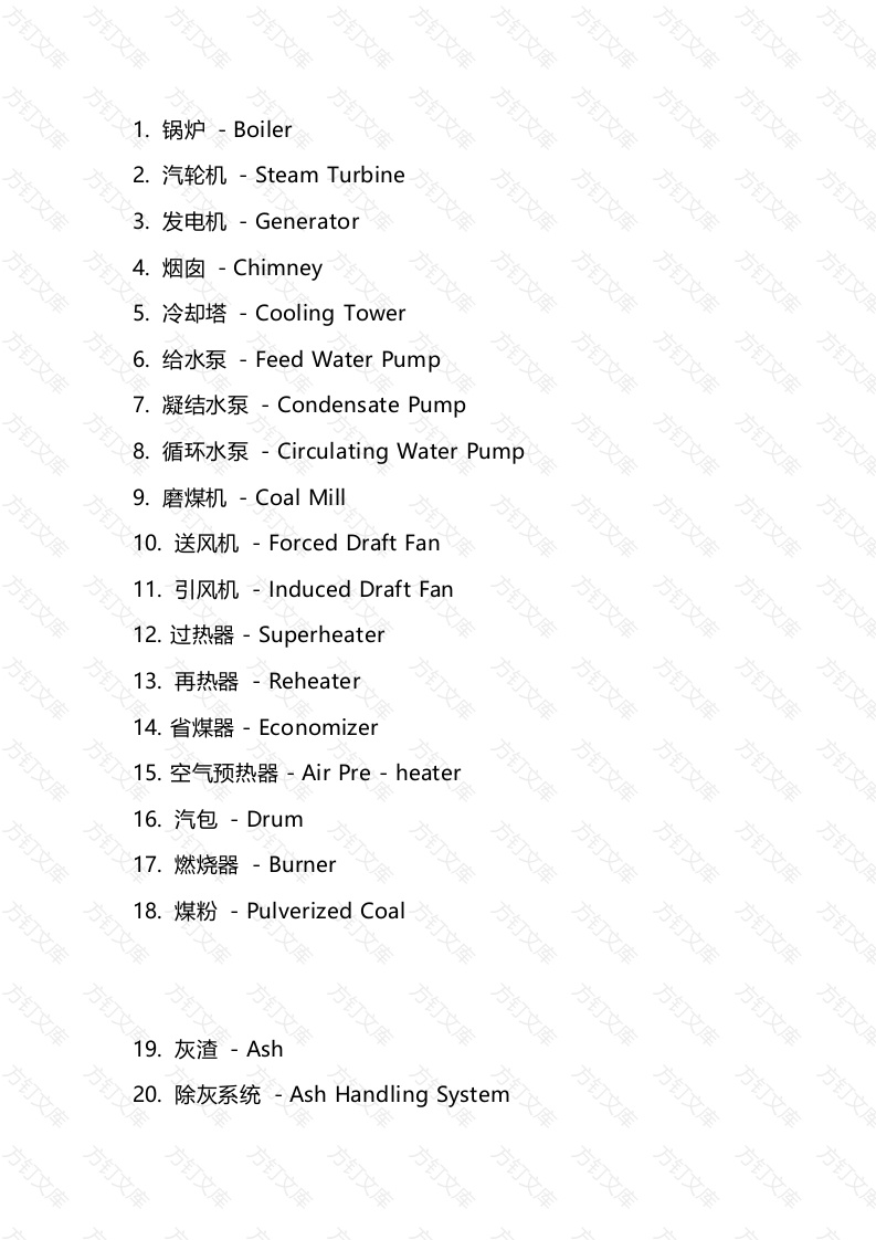 火力发电厂常用名词中英文对照100例封面图 - 工程文档文档