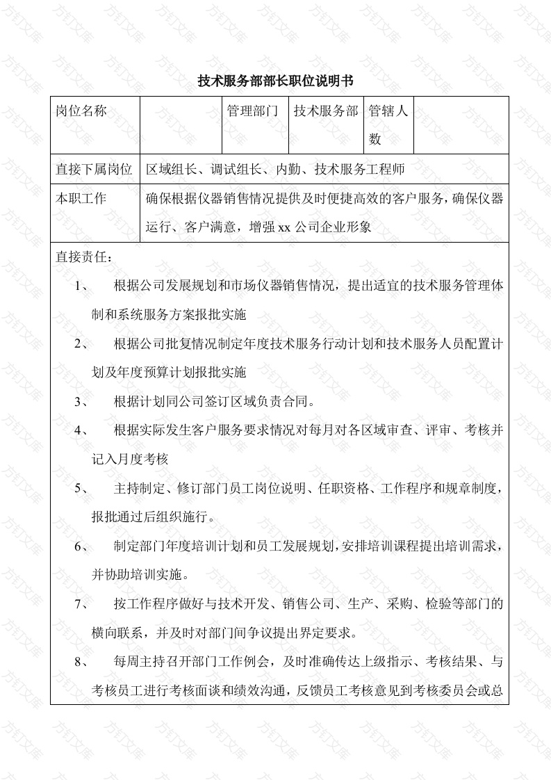 某企业技术服务部部长职位说明书封面图 - 工程文档文档