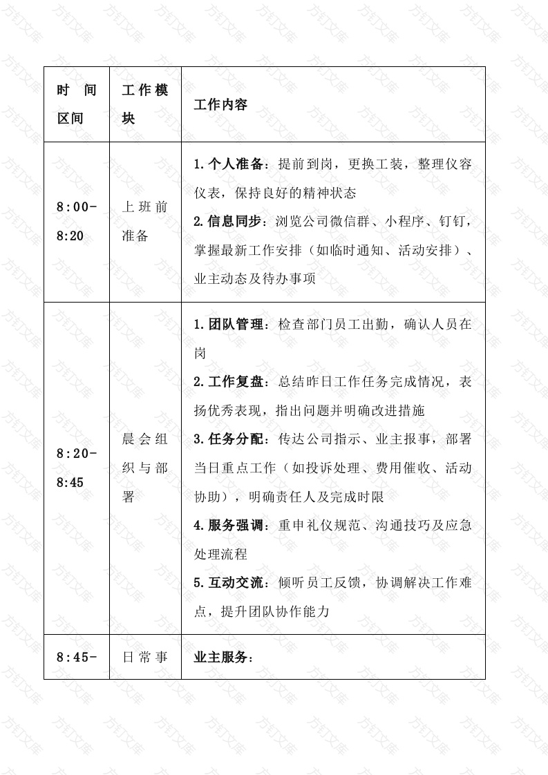 物业客服主管每天工作流程表封面图 - 工程文档文档