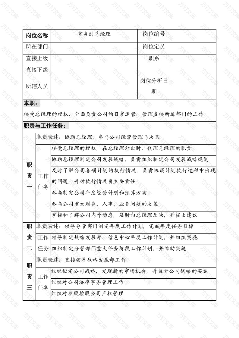 常务副总经理职务说明书封面图 - 工程文档文档