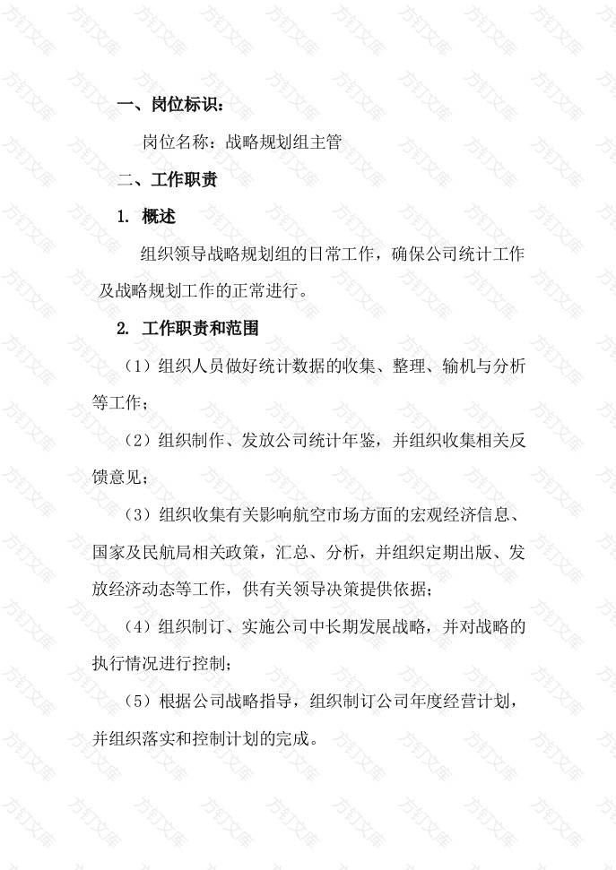 战略规划组主管工作说明书封面图 - 工程文档文档