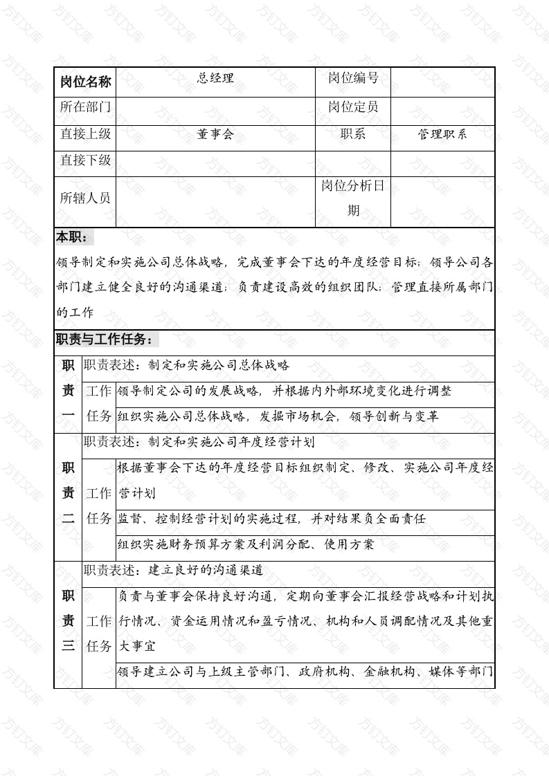 总经理职务说明书封面图 - 工程文档文档