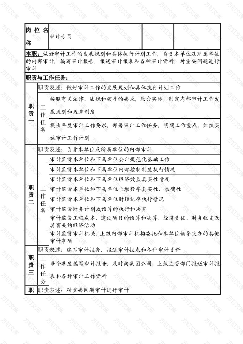某公司审计专员职务说明书封面图 - 公共专业文档