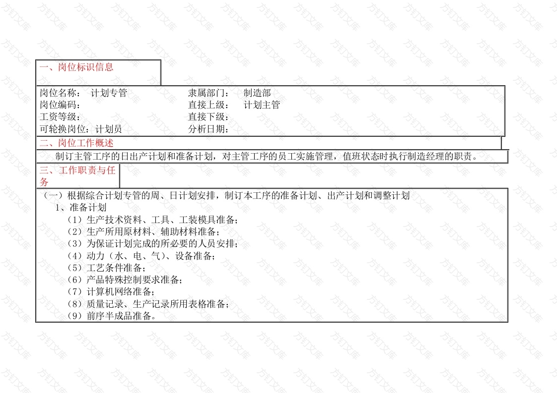 计划专管岗位工作说明书封面图 - 公共专业文档