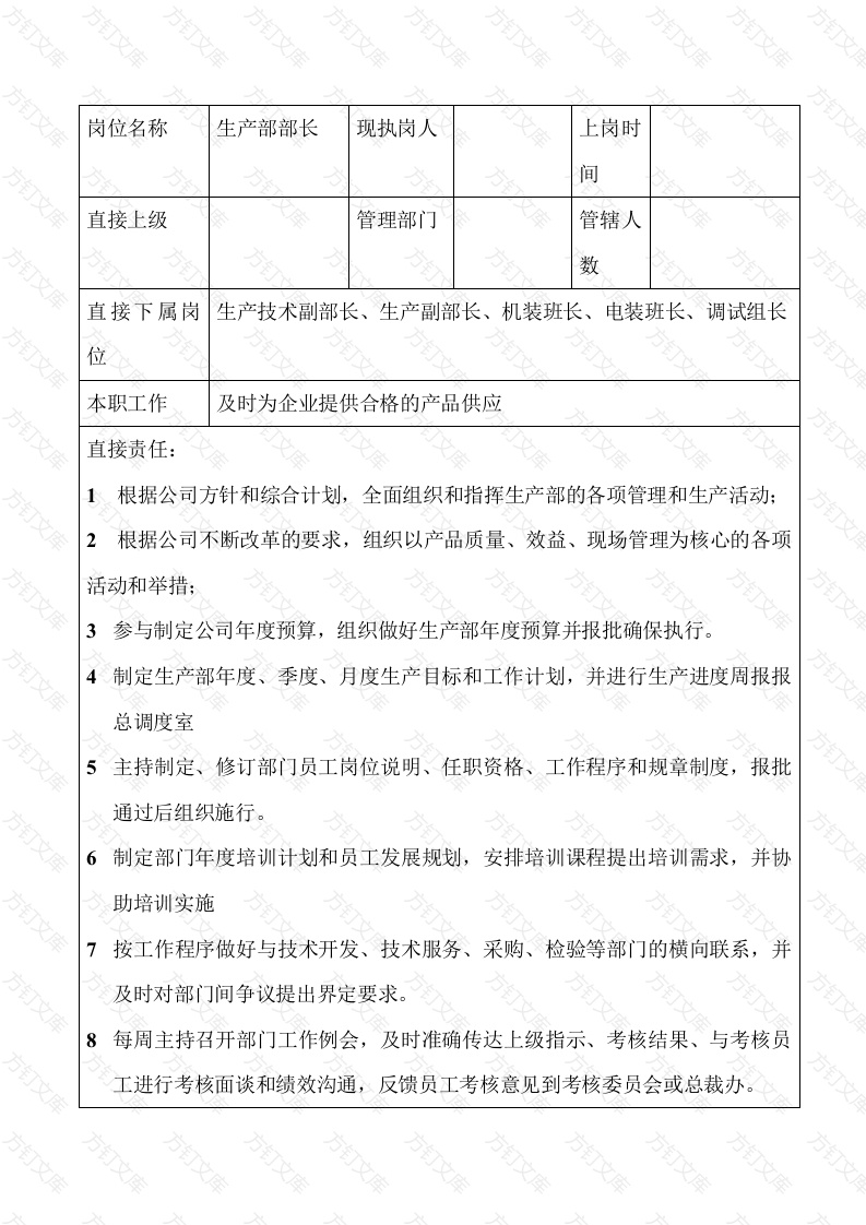 某企业生产部长职位说明书封面图 - 工程文档文档