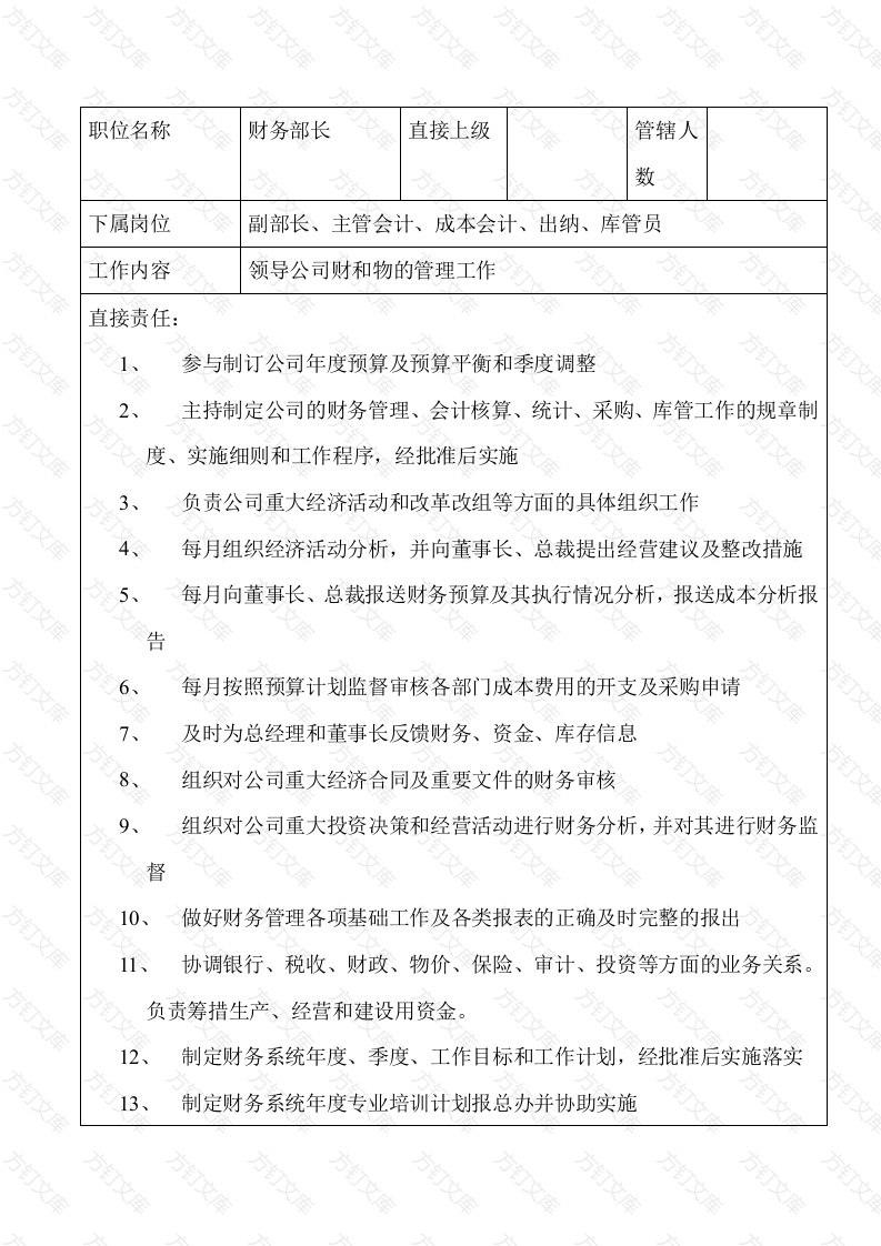 某企业财务部部长职位说明书封面图 - 工程文档文档