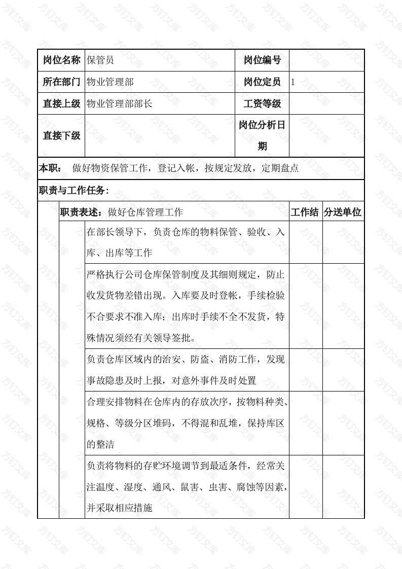 物业保管员职务说明书封面图 - 公共专业文档