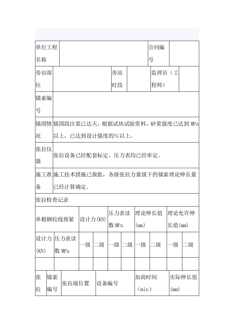预应力锚索张拉工程现场监理旁站检查记录表封面图 - 公共专业文档