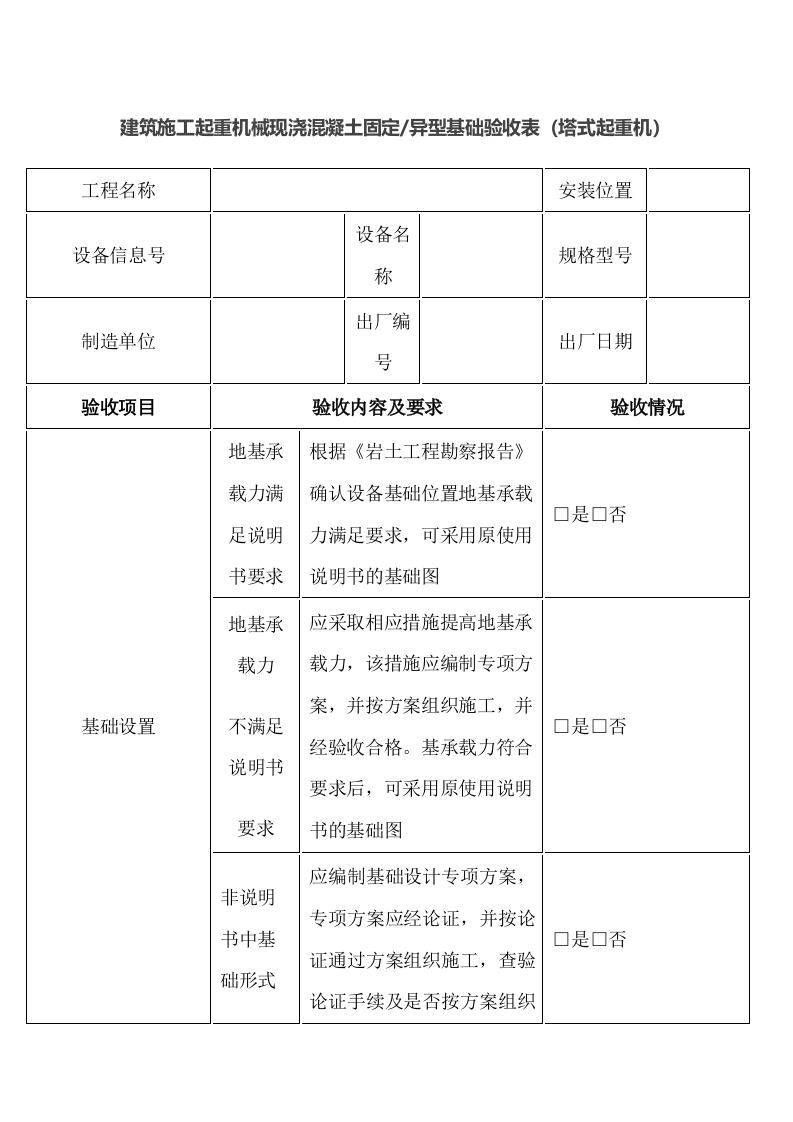 建筑施工塔式起重机现浇混凝土固定 -异型基础验收表封面图 - 公共专业文档