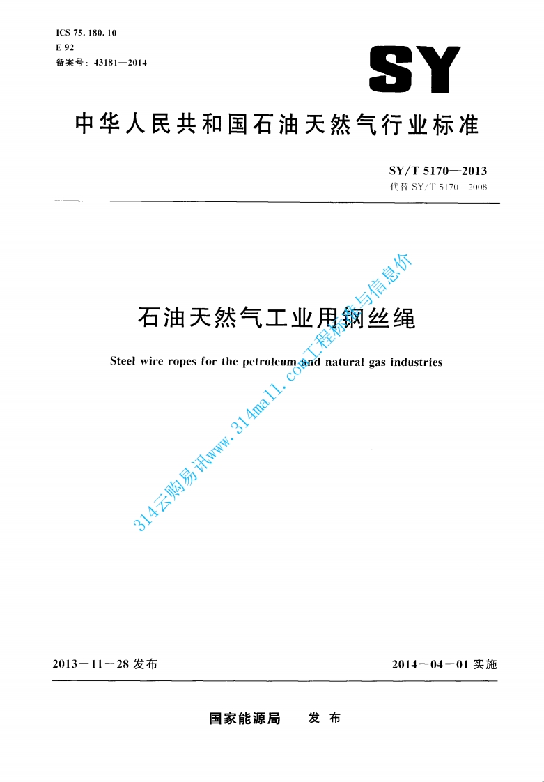 SYT 5170-2013 石油天然气工业用钢丝绳封面图 - 行业标准文档