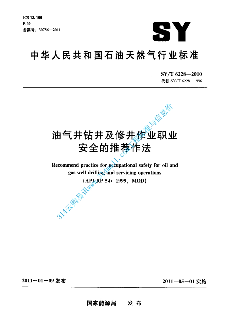 SYT 6228-2010 油气井钻井及修井作业职业安全的推荐作法封面图 - 行业标准文档
