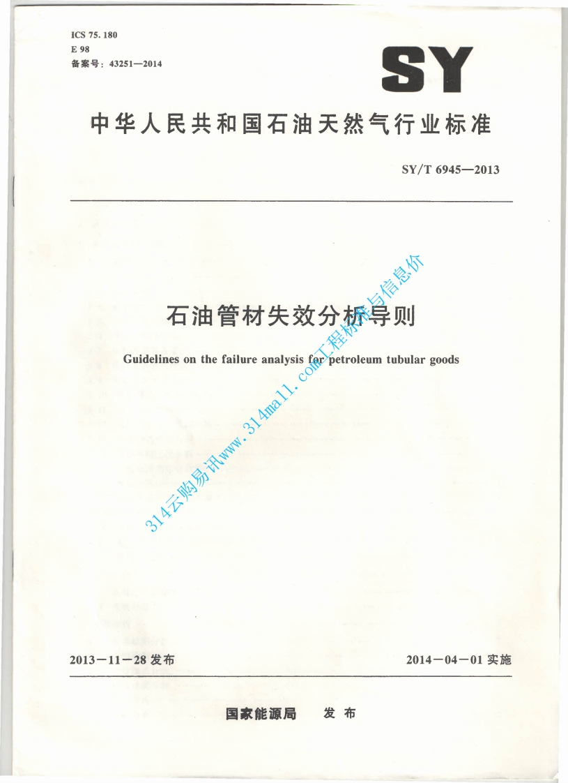 SYT 6945-2013 石油管材失效分析导则封面图 - 行业标准文档
