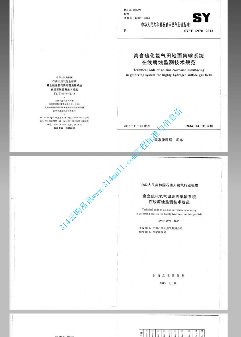 SYT 6970-2013 高含硫化氢气田地面集输系统在线腐蚀监测技术规范封面图 - 行业标准文档