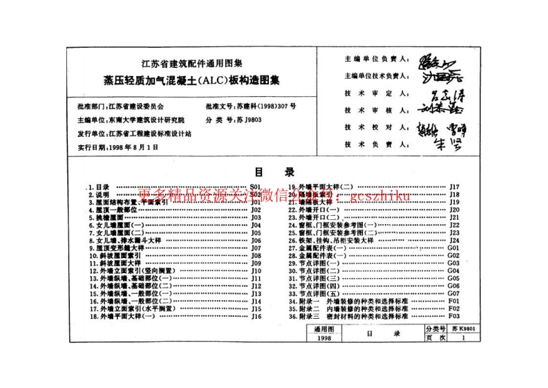 苏J9803 蒸压轻质加气混凝土(ALC)板构造图集(严重缺页)封面图 - 地方标准文档